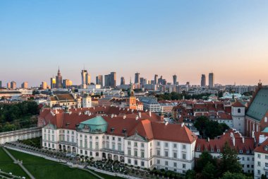 Panorama of Old Town and downtown of Warsaw from drone perspective during sunset
