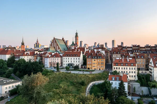 Panorama Old Town Downtown Warsaw Drone Perspective Sunset — Stock Photo, Image