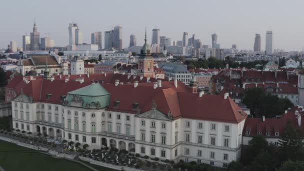 Panorama Gamla Stan Och Centrum Warszawa Från Drönare Solnedgången — Stockvideo