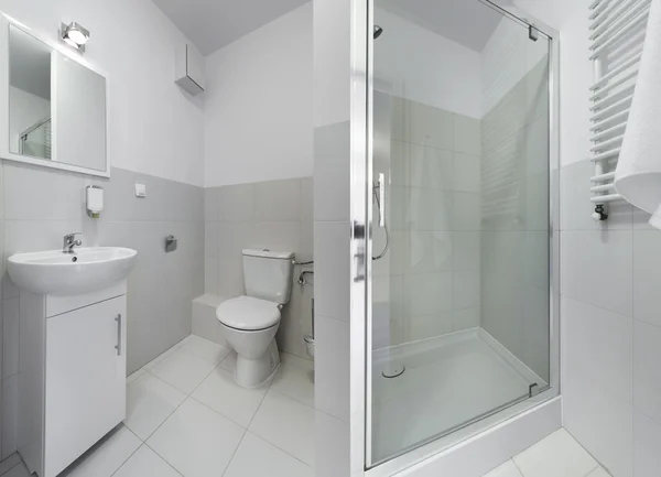 Panorama of small and compact bathroom — Stock Photo, Image