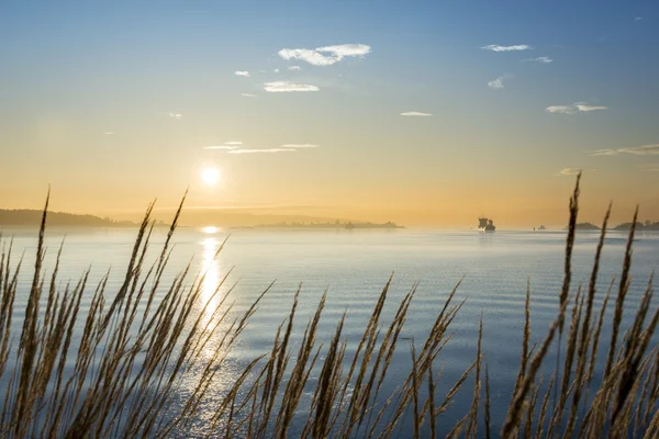 Frachtschiff bei Sonnenuntergang im Meer — Stockfoto