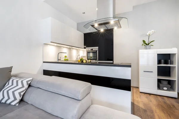 Moderna piccola cucina in bianco e nero — Foto Stock