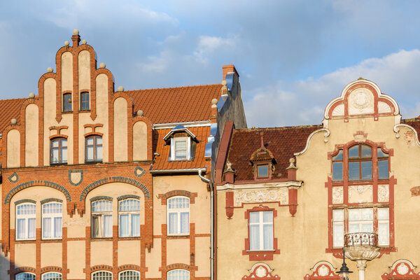Facades of historic buildings in Lidzbark Warminski, Warmian-Masurian Voivodeship, Poland
