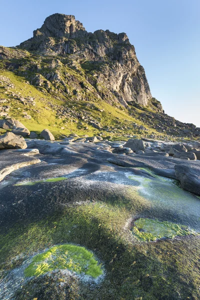 Groene stenen op de kust van het eiland van de Lofoten, Noorwegen — Stockfoto