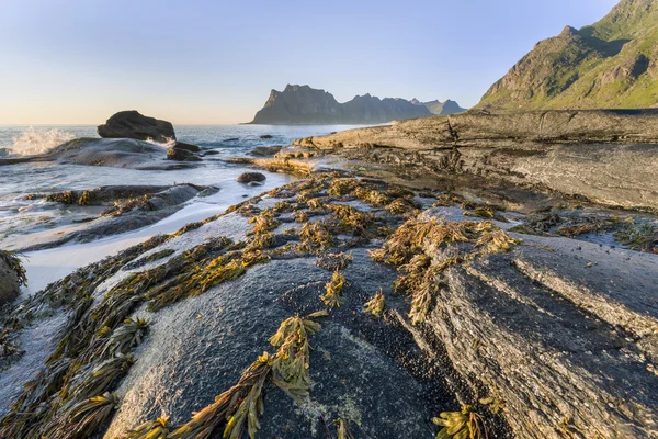 Playa de Utakleiv, costa de la isla de Lofoten, Noruega — Foto de Stock