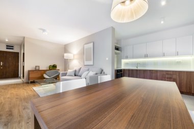 İç tasarım: oturma odası ve mutfak