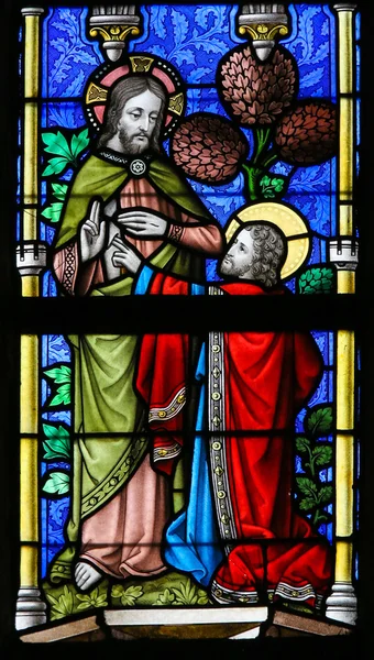 Vidro manchado - Jesus e São Tomás — Fotografia de Stock