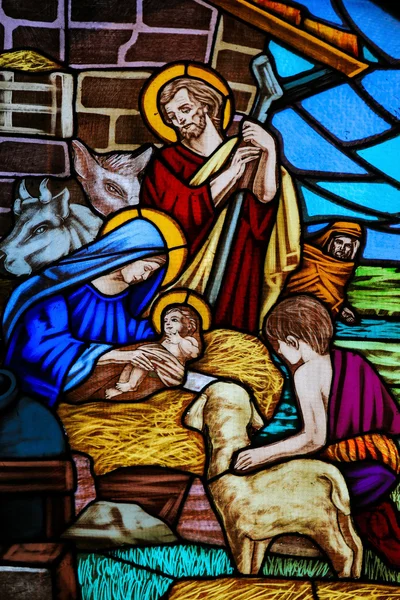 Stained Glass - Nativity Scene at Christmas — Stock Photo, Image