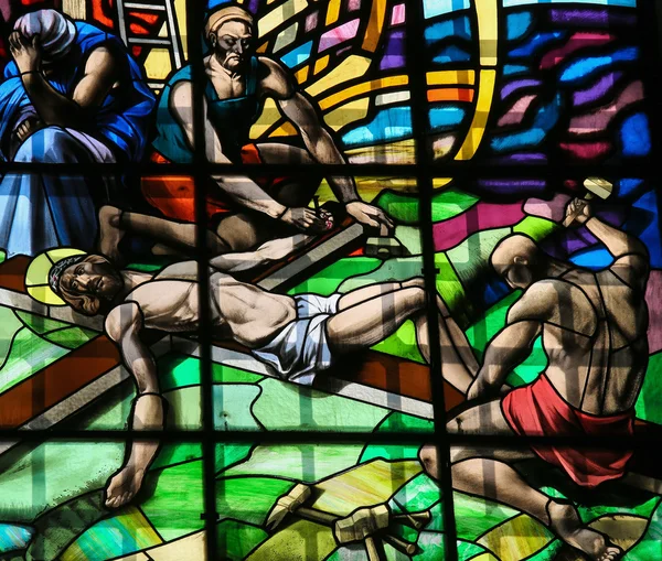 Crucifixion of Jesus - Stained Glass in Guimaraes — Stock Photo, Image