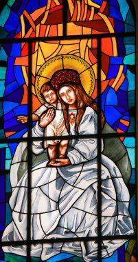 Stained Glass of Madonna with Child in Madrid Cathedral