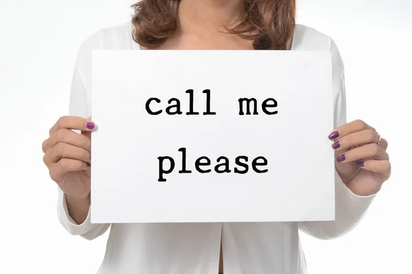 Your girl holds a cardboard sign. call me. — Stock Photo, Image