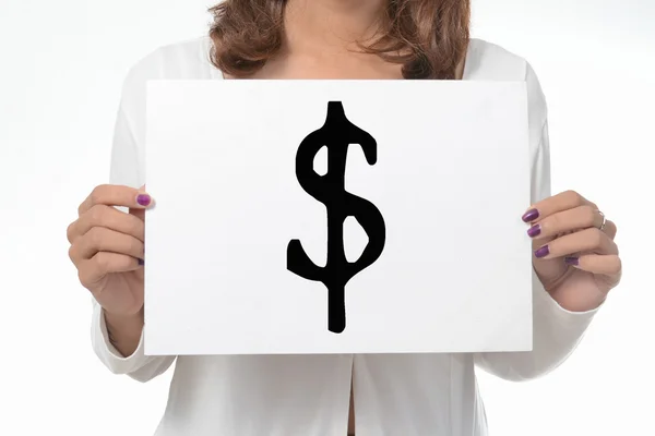 Your girl holds a cardboard sign. dollar sign. — Stock Photo, Image