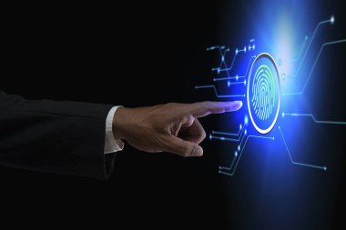 Parmak izi taraması, kimlik doğrulama, güvenlik teknolojisi. Bilgi, kavram, sistem ve mahremiyete erişimi kontrol eden veya izin veren siber teknolojilerin güvenliği.