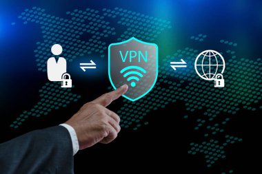 VPN uygulama teknolojisini bağlayan iş adamı. VPN Sanal Özel Ağ Konsepti. Anonim internet kullanıcısı için şifreli bağlantı. özel ağ siber güvenlik kavramı.