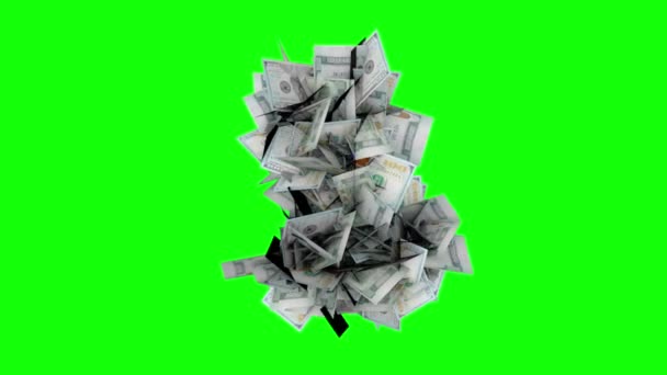 Animacja banknotów 100-dolarowych zamieniających się w znak dolara na zielonym kluczu chromowym. — Wideo stockowe