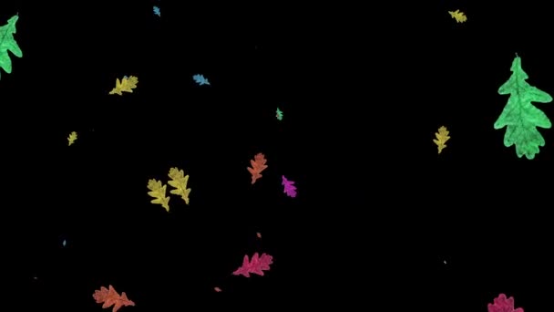 Animazione di foglie di quercia cadenti su sfondo nero. Concetto stagione autunnale. — Video Stock