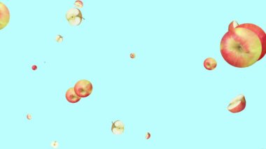 Düşen sulu olgun elmaların mavi arka planda canlandırılması.