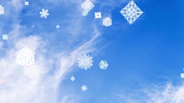 Mavi gökyüzündeki kar tanelerinin animasyonu. — Stok video