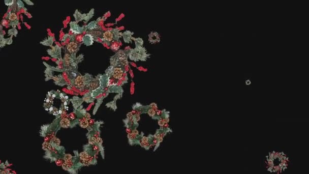 Animasi digital dari satu set rangkaian rangkaian rangkaian rangkaian karangan bunga Natal yang menghiasi latar belakang hitam. — Stok Video