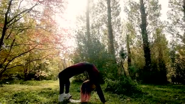 Mooi meisje is bezig met gymnastiek in het park. Fitness in het herfstbos, rust en mindfulness, meditatie, flexibel lichaam. actief levensstijl concept. voorbereiding op het strandseizoen — Stockvideo