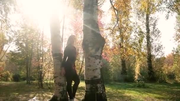 Krásná dívka se zabývá gymnastikou v parku. Fitness v podzimním lese, klid a bdělost, meditace, pružné tělo. aktivní koncept životního stylu. příprava na sezónu — Stock video