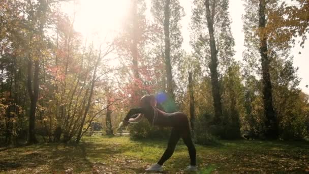 Menina bonita está envolvida em ginástica no parque. Aptidão — Vídeo de Stock