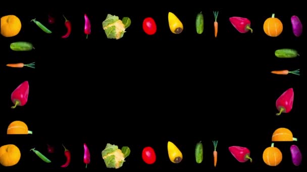 Armação de várias verduras em um contexto preto. Movimento de borda. Em branco, em branco para logotipo, inscrição, texto. apresentação. Dieta e conceito de alimentação saudável — Vídeo de Stock