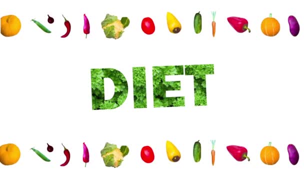 白い背景にDIETという言葉で様々な野菜からフレーム。エッジの動きだ。ロゴ、碑文、テキストは空白です。プレゼンテーション。健康食品のコンセプト — ストック動画