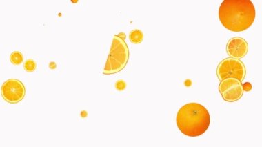 Beyaz arka planda bir sürü portakal dilimi uçurmak. Taze meyve, yiyecek konsepti. Dilimlenmiş portakal meyvelerinin animasyonu. Döngülü animasyon. Diyet, sağlık, moda. C vitamini