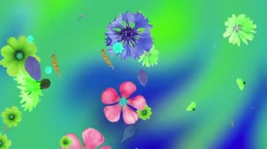 Soyut bir arkaplanda farklı renklerin canlandırılması. Tarla, çiçekler dönüyor, boyut ve renk değiştiriyor. Yukarıdan düş. Dekoratif kartpostal. Ekran koruyucu. Geçmişi. Desen.interface nesli