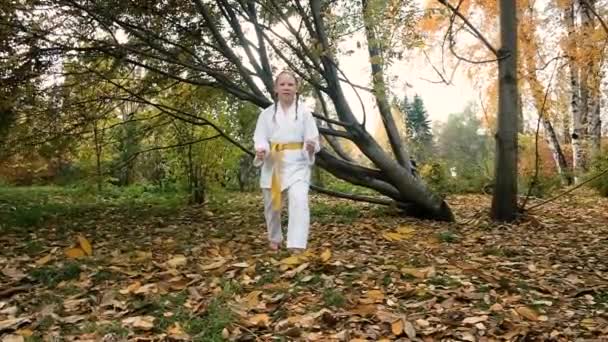 Tonårstjej 12 år gammal är engagerad i karate utomhus i parken. Friska livsstil koncept. Spelar sport. Kampsporter. Judo och Jiujitsu. modig, stark — Stockvideo