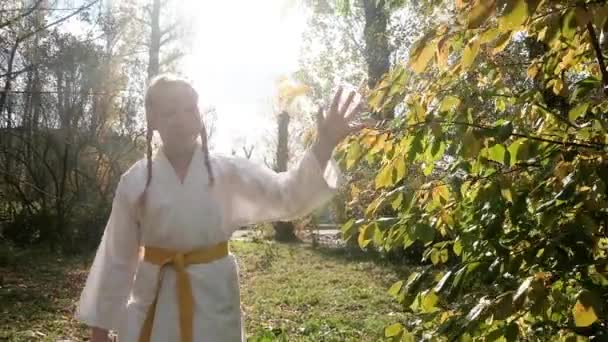 Adolescente de 12 ans est engagée dans le karaté en plein air. Concept de mode de vie sain. faire du sport. arts martiaux. Judo, Jiujitsu. courageux, fort. Promenades souriantes dans le parc. séances d'entraînement — Video