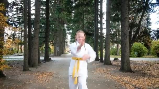 12 éves tinédzser lány karatézik a parkban. Egészséges életmód koncepció. Sportolni. Harcművészet. Dzsiudzsicu. Merész, erős. Különböző pozíciókkal dolgozik. Edzések — Stock videók