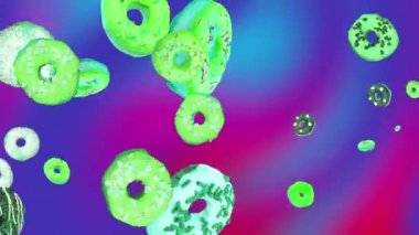 Soyut bir arka planda bir sürü 3D renkli donut uçurmak. Çörek, tatlı, tatlı. Donut dönüşü animasyonu. Döngülü animasyon. Gıda mağazası sunumu, sıçrama ekranı, boş, kesme