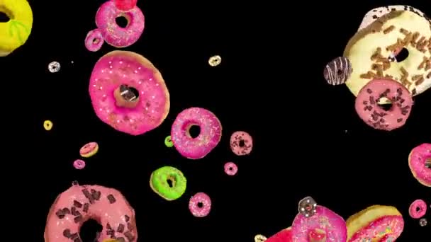 Flyger många färgglada munkar på en svart bakgrund. Munkkaka, godis, efterrätt. animering av munkrotationen. Loopanimation. presentation, blank, blank, stänk skärm — Stockvideo