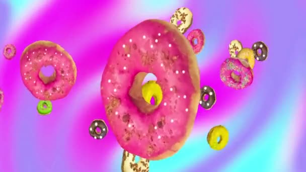 Voando muitos donuts coloridos 3d, em um fundo abstrato. Bolo de donuts, doces, sobremesa. animação rotação donut. Animação em loop. Apresentação de loja de alimentos, tela de respingo, em branco, corte — Vídeo de Stock