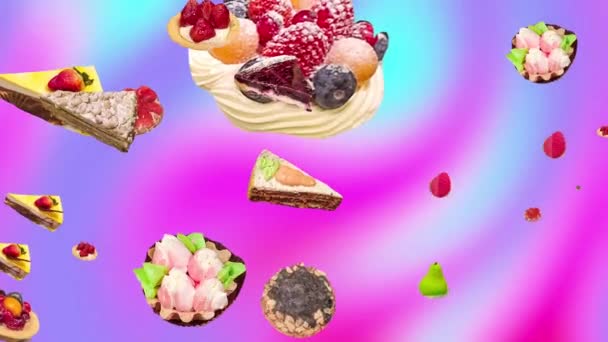 Πετώντας πολλά πολύχρωμα κέικ, σε ένα αφηρημένο φόντο. Κέικ ντόνατ, Σουίτς, επιδόρπιο. animation της περιστροφής των πίτες, ρολά Κυκλικό animation. Παντοπωλείο παρουσίαση, splash, κενό, περικοπή, μαγείρεμα — Αρχείο Βίντεο