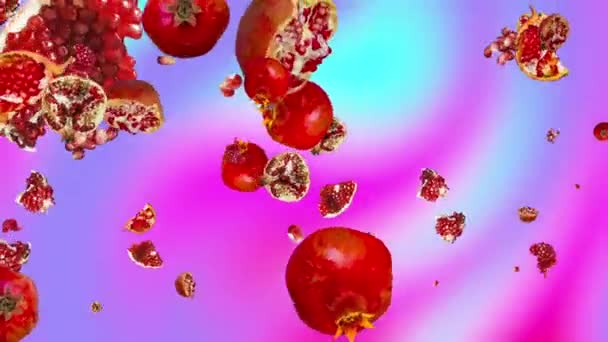 Rotating falling ripe pomegranates. pattern on an abstract background. the style is minimal. looping animation. Cut fruit. Resize. presentation, form, form — Stock Video