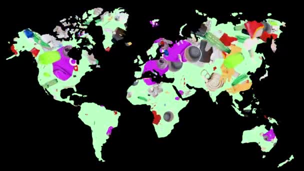 Koncepce znečištění domácností. Láhve, plast, kov padají na pozadí mapy světa. Různé odpadkové předměty. Ochrana životního prostředí. Uložit. oddělená sbírka. — Stock video
