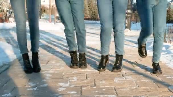 Close-up of a group of dancing feet in winter. fool around, walk on a snowy sunny day in the park. Dance .Sport, winter, friendship concept. Meeting of friends. boots — Stock Video