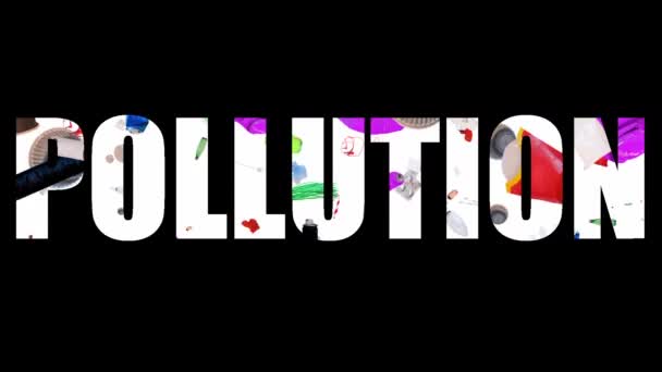 POLLUTION är ett ord från skräp. Olika typer av avfall faller från topp till botten. plast, metall, glas. Naturskyddskoncept. separat avfallsinsamling. Rädda planeten — Stockvideo