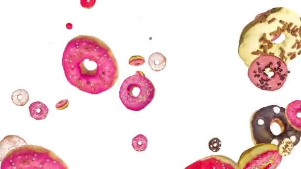 Політ багатьох барвистих пончиків на білому тлі. Торт з пончиком, солодощі, десерт. ротаційна анімація. Петля анімації. Презентація магазину харчування, чиста, чиста, блискуча екран — стокове відео