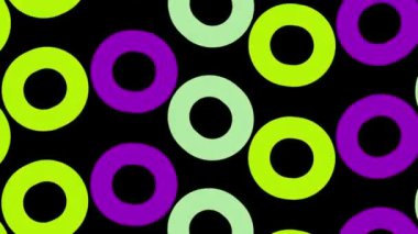 Soyut animasyon. Basit şekiller. Döngülü sıra. Şablon halkaları dalga boyunca hareket eder. Siyah arkaplandaki animasyon ekran koruyucu. çok renkli olsun. Modern tasarım düzeni, sunum, antetli başlık.