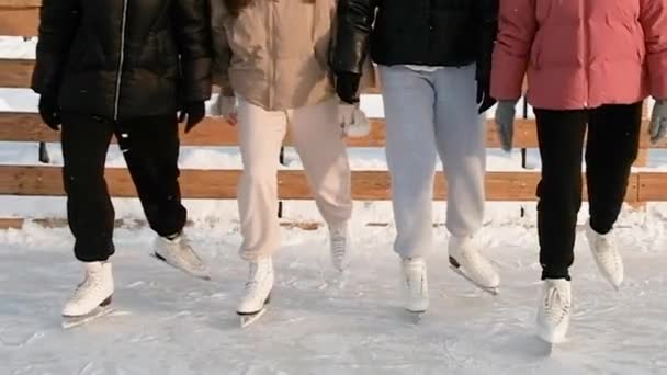 Skupina bruslařů bruslí na ledě. Setkání s přáteli. Slunečný víkend na kluzišti. Zimní sporty. Koncept aktivního životního stylu. ženy. Trénink, rychlost, virtuozita — Stock video