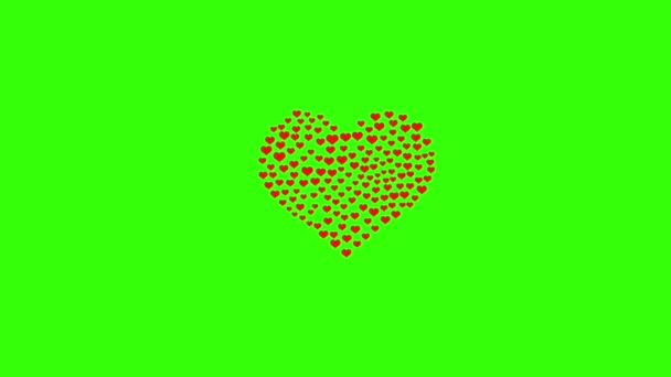 Анимация силуэта сердца, собранного из многих красных сердец на зеленом фоне. вырезы, брызги. Любовь, эмоции, социальные сети, интернет. Свадебный день святого Валентина — стоковое видео