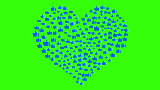 Bir kalp siluetinin canlandırılması, yeşil arkaplandaki birçok simgeden bir araya getirilmiş. Kesikler yukarı, sıçrama ekranları yukarı. Duygular, sosyal medya, internet.. — Stok video
