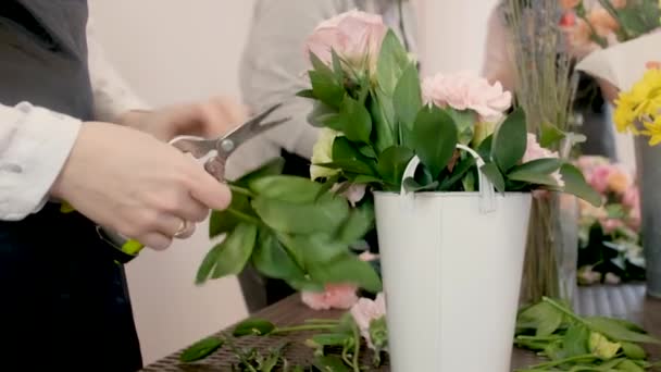 Närbild. Kvinnliga blomsterhandlare gör blommönster. Praktiken att göra vackra blombuketter av unga yrkesverksamma. Jobbar i en blomsteraffär. förberedelse för semester, bröllop, årsdag — Stockvideo