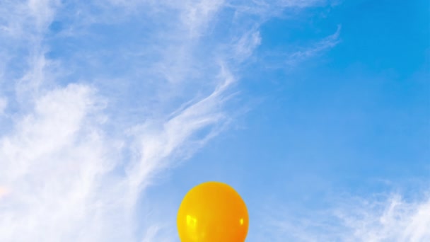 Animación de un grupo de globos inflables multicolores contra el cielo azul. Vuelan de abajo hacia arriba. Llenando gradualmente el marco. Holiday Concept.Form, postal, corte, leyenda, en blanco — Vídeos de Stock