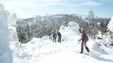 Bir grup kros kayakçısı. Dağlardaki engelleri aşmak. Ekstrem sporlar. Tatil seyahati. Tatil ve aktif yaşam tarzı konsepti. Kış karı