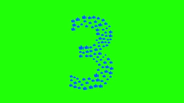 Nombres, 1, 2, 3, 4, 5,6,7,8.9,10 apparaissent progressivement à partir des icônes de l'émotion des goûts. Compte à rebours. Concept d'infographie, internet, réseaux sociaux. Canal alpha. Sur fond vert — Video